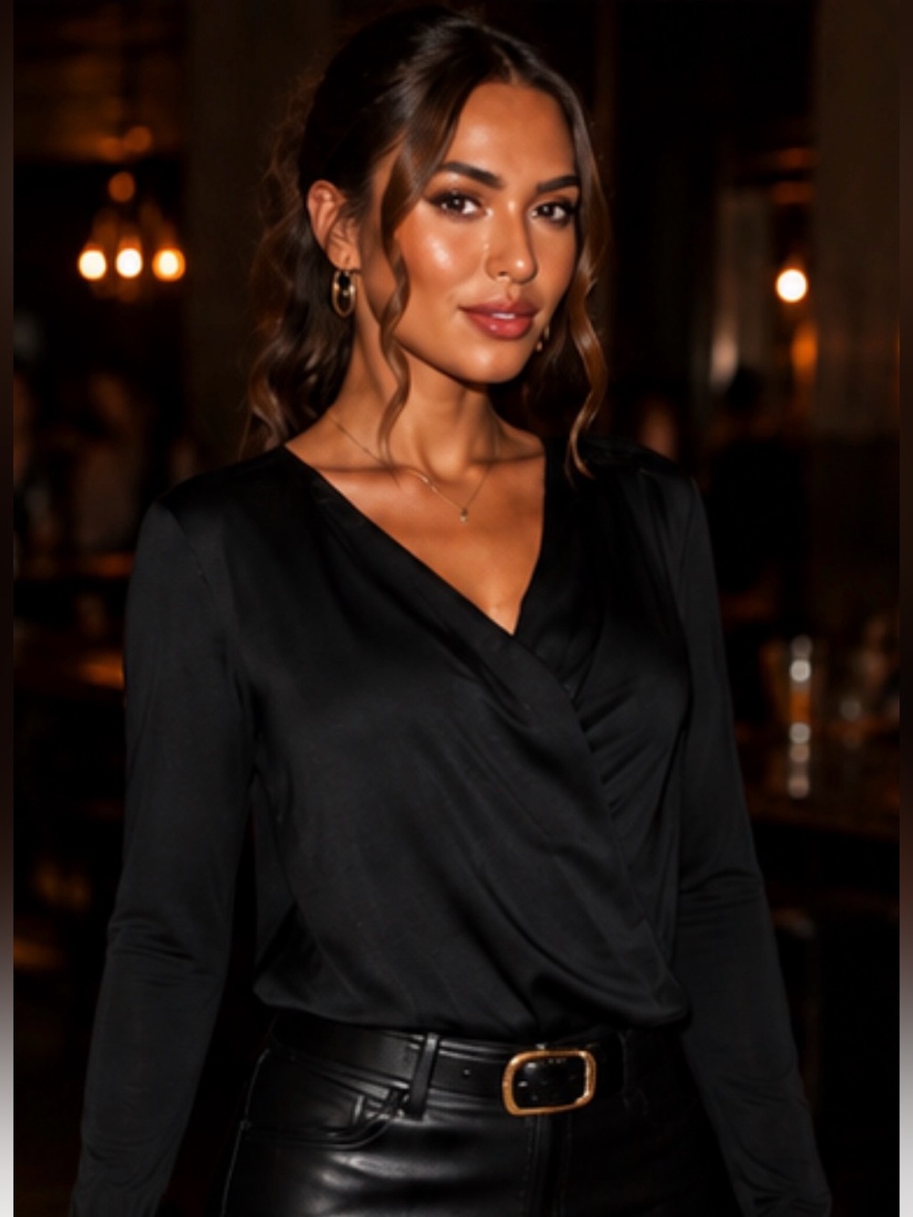 7 For All Mankind Black Wrap-Front Long Sleeve Top
